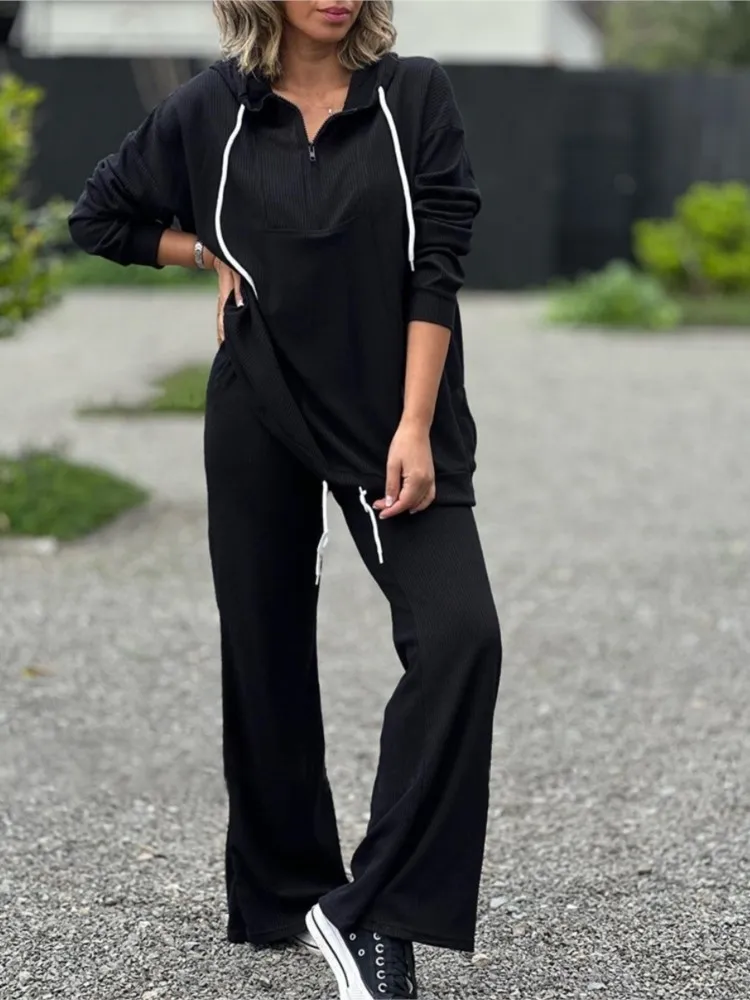 Female Solid Color Hoodie Suit Autumn Winter Fashion Half Zipper Long Sleeves Pullovers Flared Pants Two-piece Set Lady Outfit