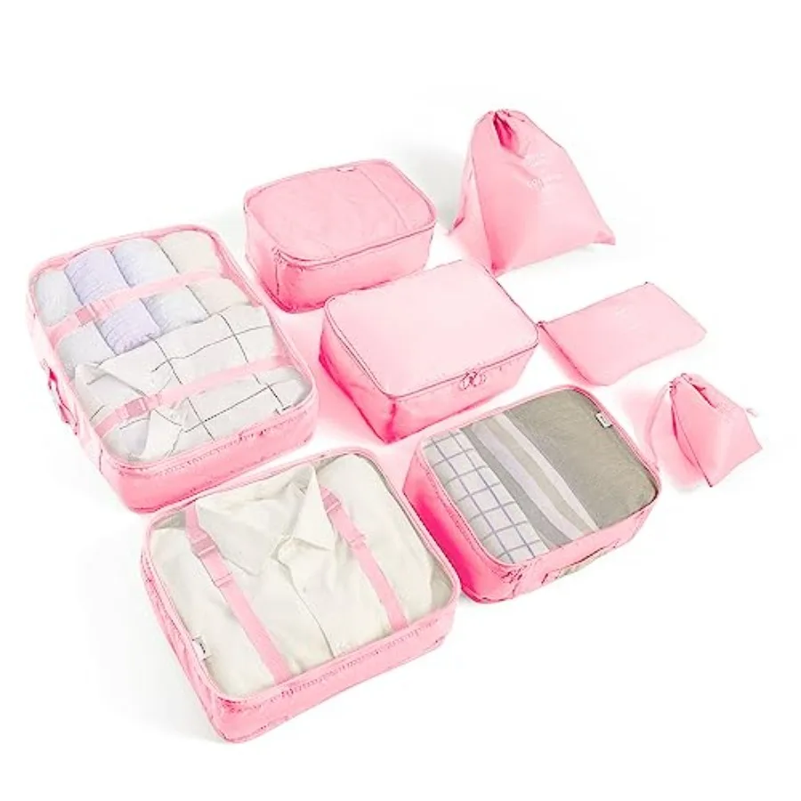 

8 Set Pink Packing Cubes for Suitcases Travel Luggage Organizers Essentials Shoe Bag Tioletry Bag Laundry Bag Lightweight Durab