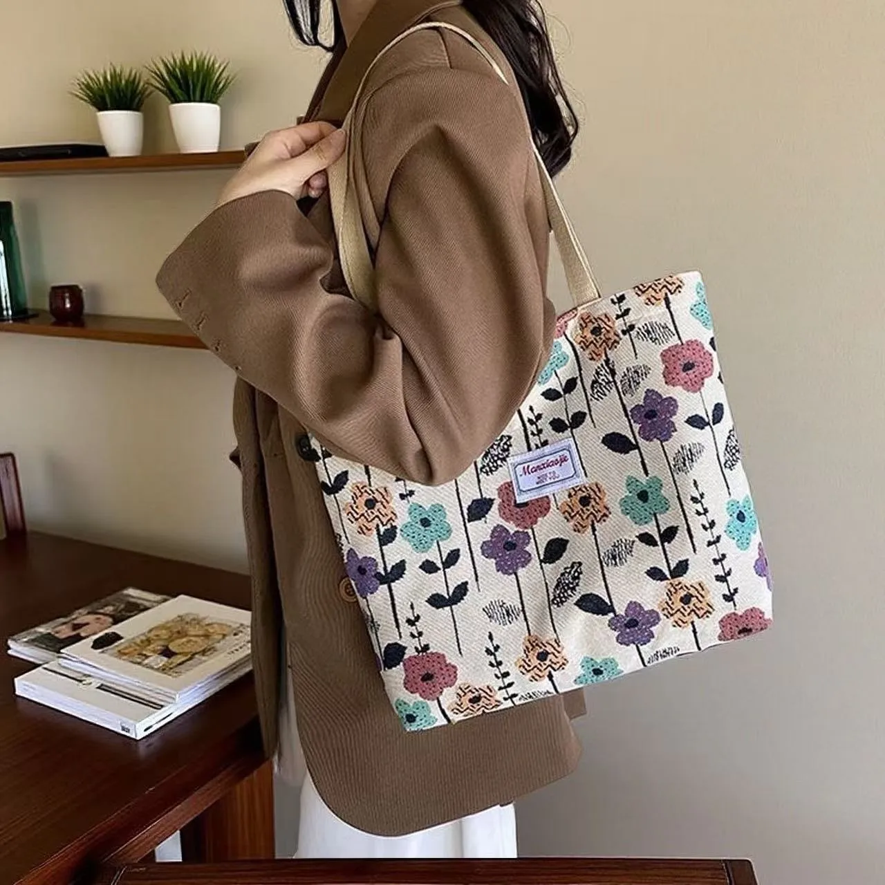 2pcs/bag Canvas Large Capacity Niche Shoulder Bag for Women, New Class Handheld Commuting Tote Bag, Cloth Bag