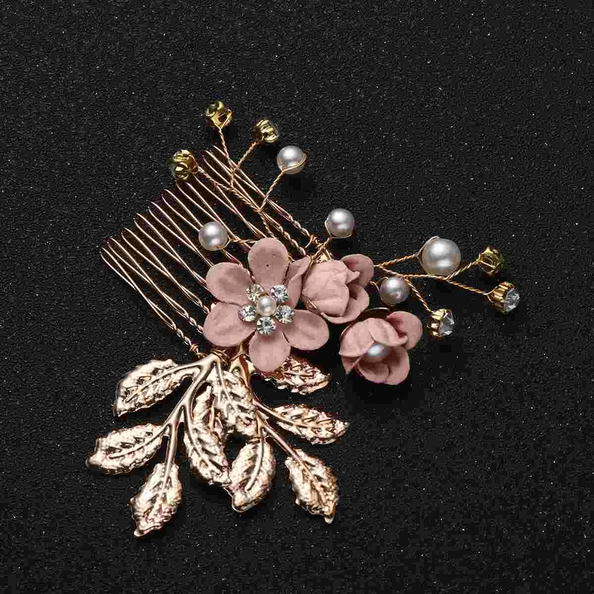 

Pink Floral Hair Comb Artificial Pearl Headdress Leaves and Rhinestone Hair Accessories Wedding Bridal Hair Decoration Elegant P