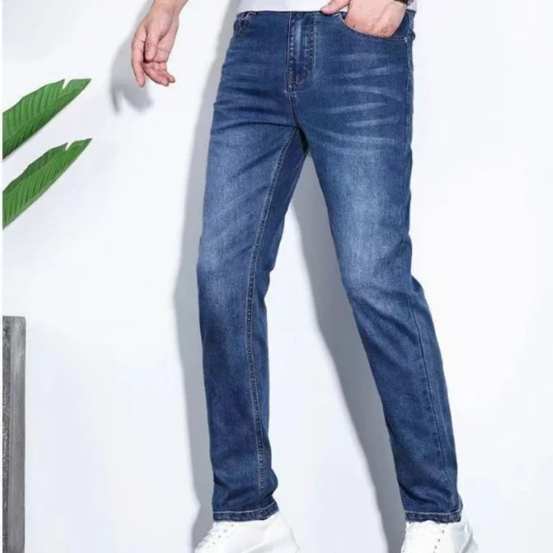 Man Denim Pants Blue Baggy Trousers Man's Adult Clothing Casual Jeans Business Straight Leg Stretch Sportseear Slim Fit Solid