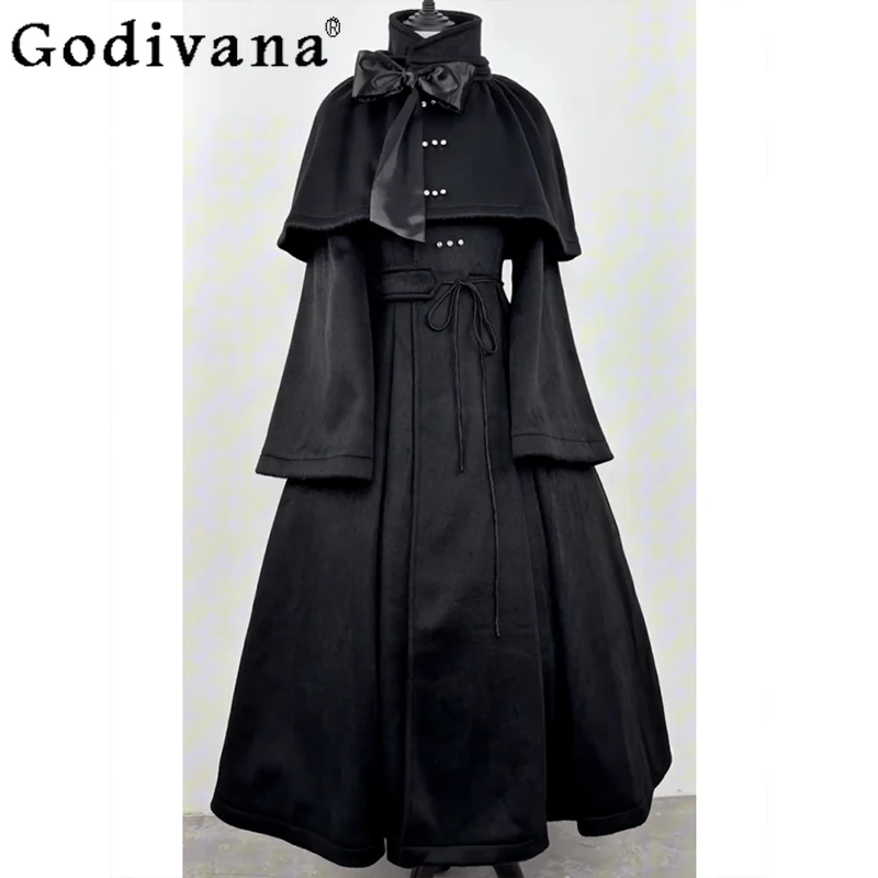 

Vintage Dark Gothic Style Set for Women Winter New Black Cape Shawl Long Dress Two Piece Set Female Cosplay Costumes Suits