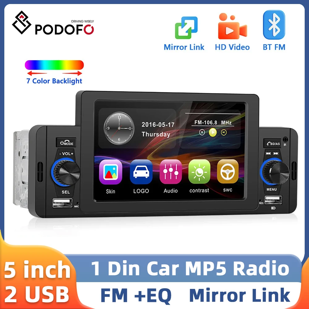 Podofo 5 Inch 1Din Car Radio MP5 Player 1080P HD LCD Touch Screen Multimedia Player Bluetooth Mirror Link EQ Universal Car Audio