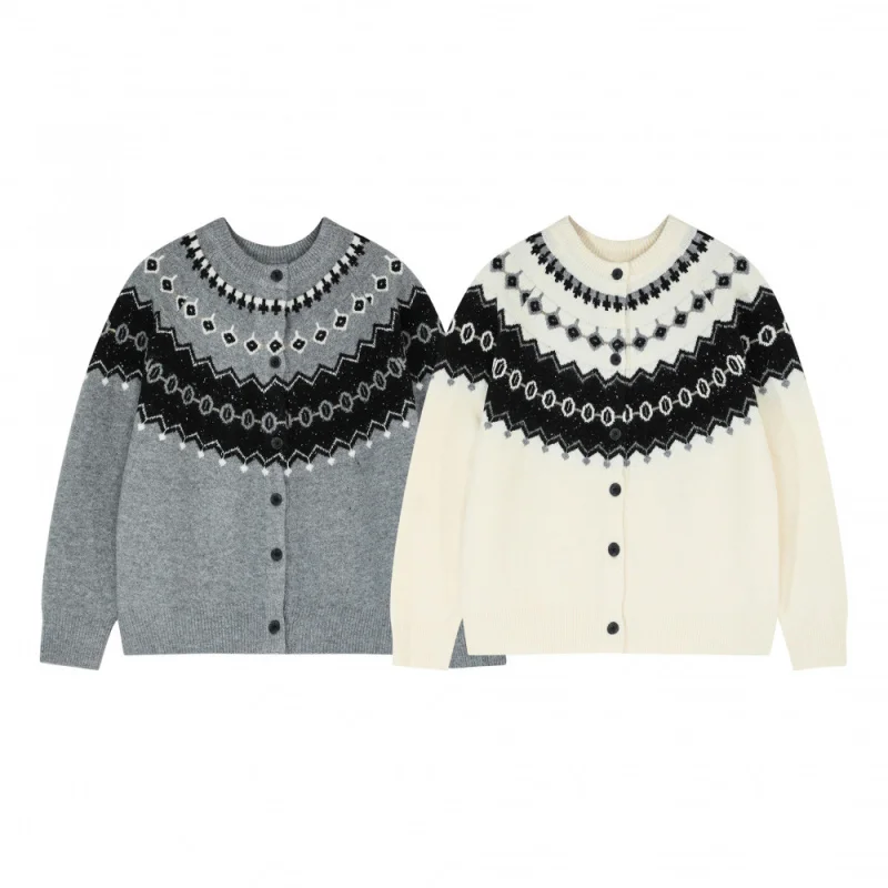 Men's Gray Fair Isle Knit Cardigan, 2025 Autumn Trend Vintage Geometric Patterned Button-Down Warm Knitted Outerwear