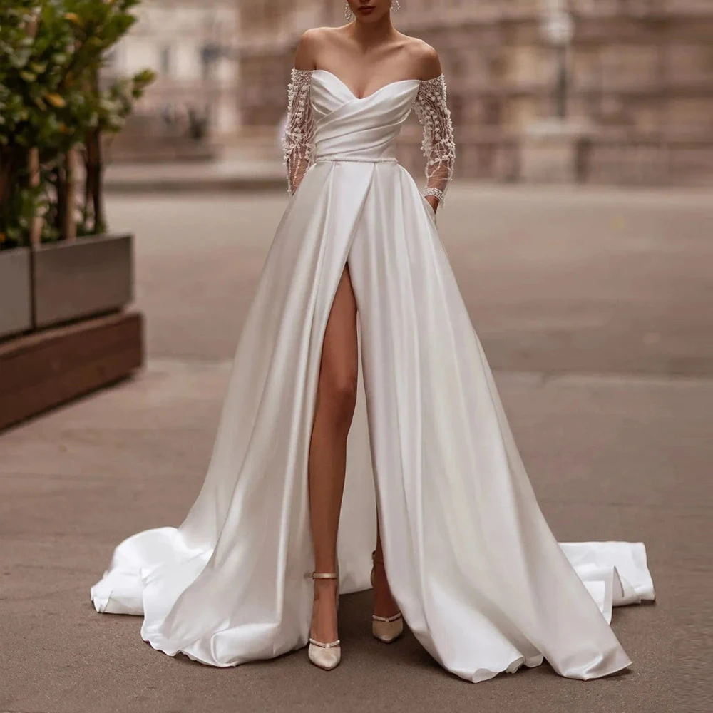 

Свадебные платья с цветочной кружевной аппликацией по индивидуальному заказу, атласное платье с открытыми плечами, плиссированное свадебное платье трапециевидной формы с разрезом