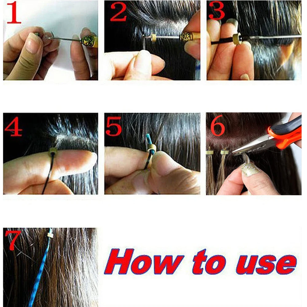 1 confezione di kit di pinze per estensioni dei capelli 500 pezzi micro collegamenti/perline + 1 pezzo di ago da trazione + 1 pinze per estensioni dei capelli