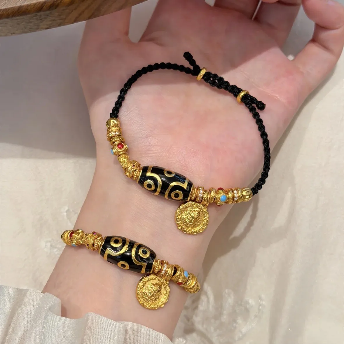 

9999 24K Real Gold Hand-woven Dzi Beads Dot Diamond Wealth Tibetan Braided Rope Bracelet New Chinese Style Retro Versatile