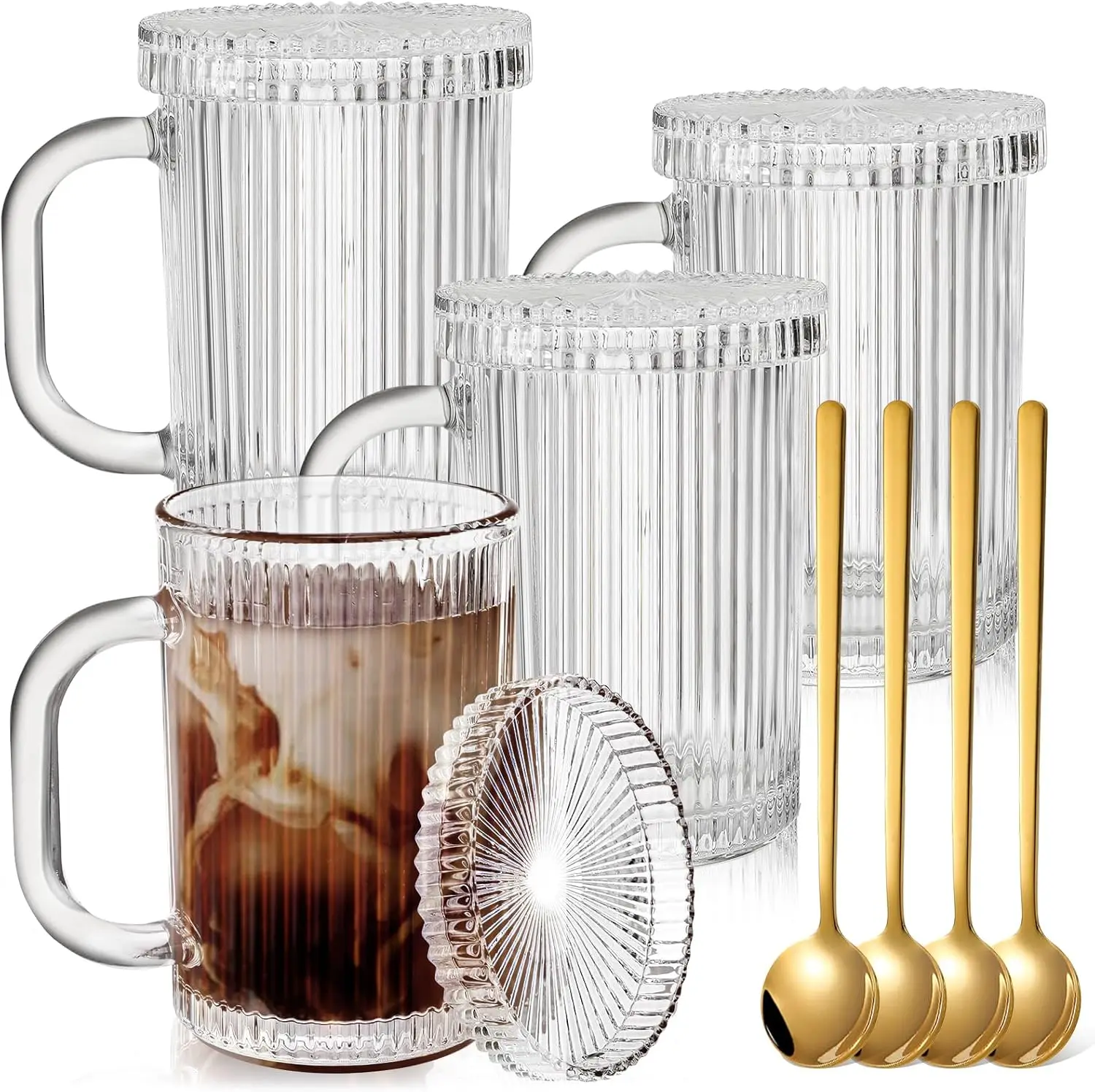 

4 Pack Glass Coffee Mugs with Lid and Spoon, 13oz Ribbed Vertical Stripes Tea Cup, Classic Clear