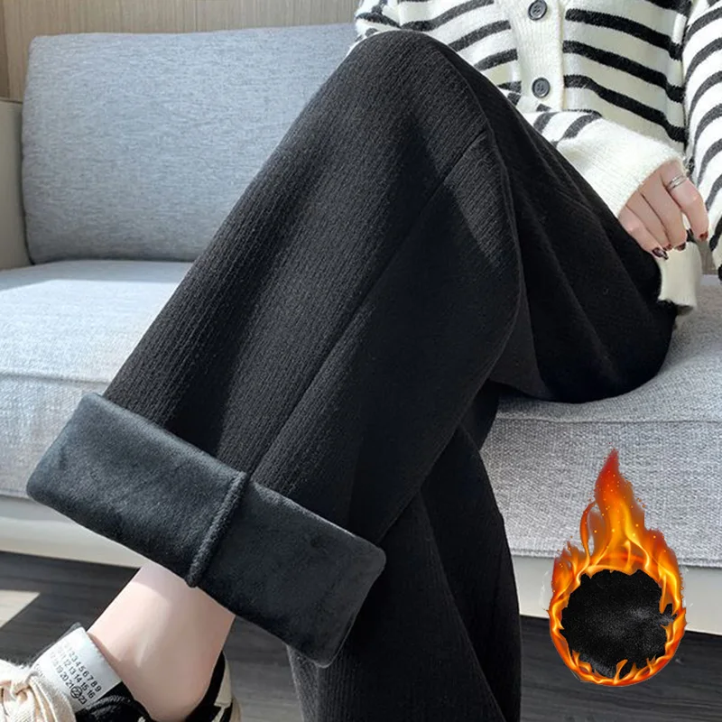 Winter Dame Koreanische Mode Hohe Taille Fleece Hosen Frauen Slim Fit Gerade Bein Plüsch Hosen Mädchen Schnee Warme Casual Hosen