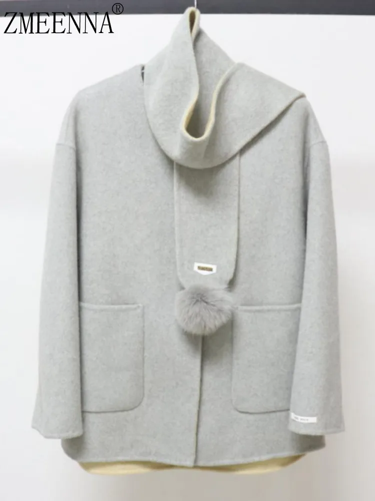

ZMEENNA женское светло-серое полушерстяное пальто со съемным шарфом с меховой отделкой помпонами теплая зимняя верхняя одежда ZM4305