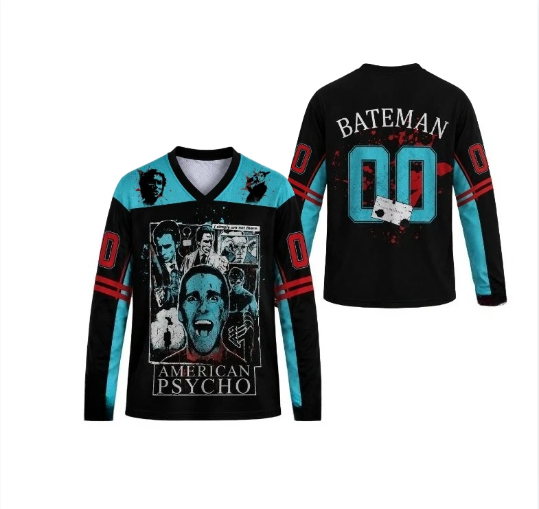 Retro Horror Collage Graphic Long Sleeve Football Jersey Straight Cuff Mesh V Neck Streetwear Teal Black Color Block Sport Shirt