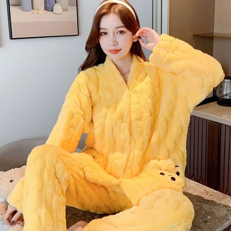 

2024 New Bear Winter Pajamas Female Coral Velvet Loungewear Warm Suit Autumn Cute Cartoon V-neck Homewear Thicken Nightwear