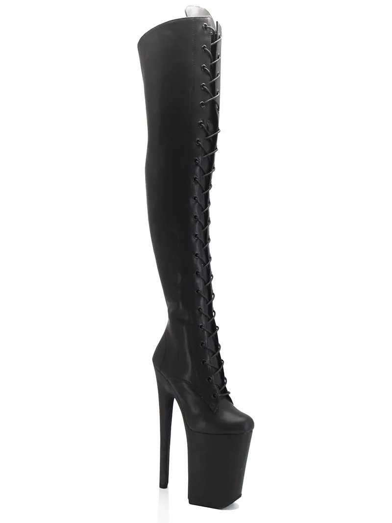 23CM Extreme High Knee Boots for Pole Dance | Black Patent Leather Lace-Up & Buckle Strap | Non-Slip Sole Stage Performance Shoe