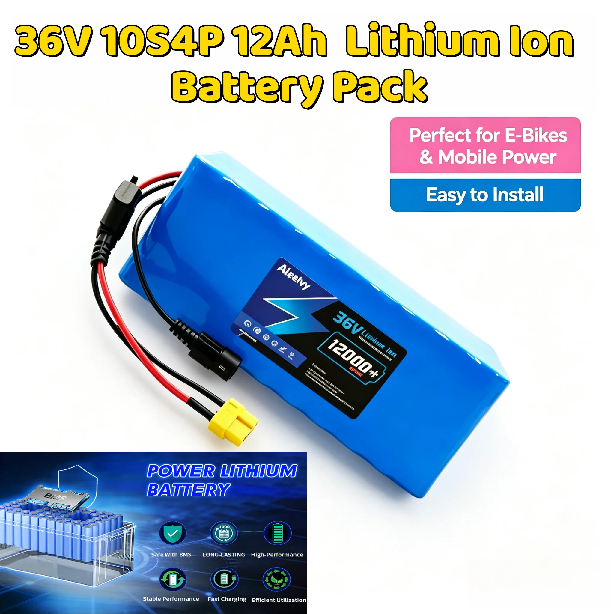 Replacement 36V 12Ah 10S4P Li-ion Battery Pack with Charger,  Power for E-Scooter and E-Bike, BMS Overcharge Protection