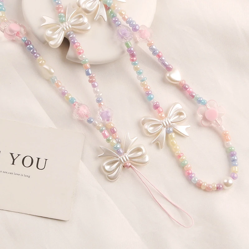 1Pcs Colored Baded Chain Bow Mobile Phone Chain Women Girls Beaded Telephone Lanyard For Anti-Loss Cellphone Jewelry