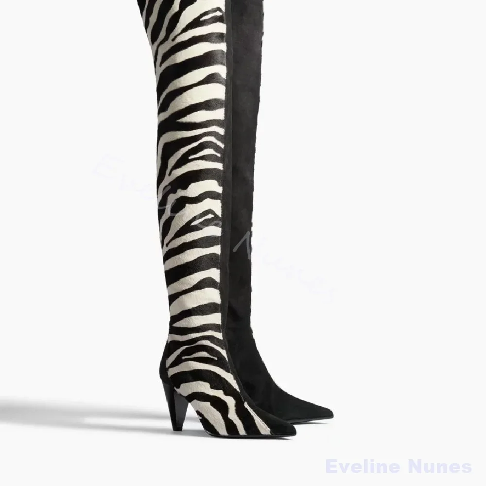 Zebra Striped Over The Knee Boots Women Pointed Toe Spike Heels Mixed Colors Flannel Long Boots 2026 Fashion Party Dress Boots