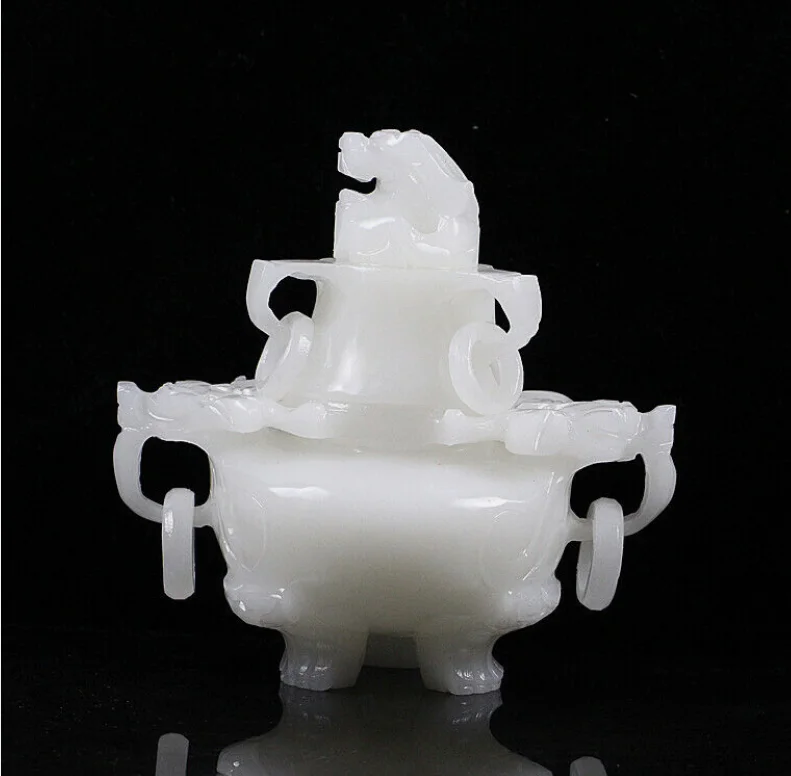 Chinese White Jade Carving Double Dragon Ear Ring 3 Foot Incense Burner Censer