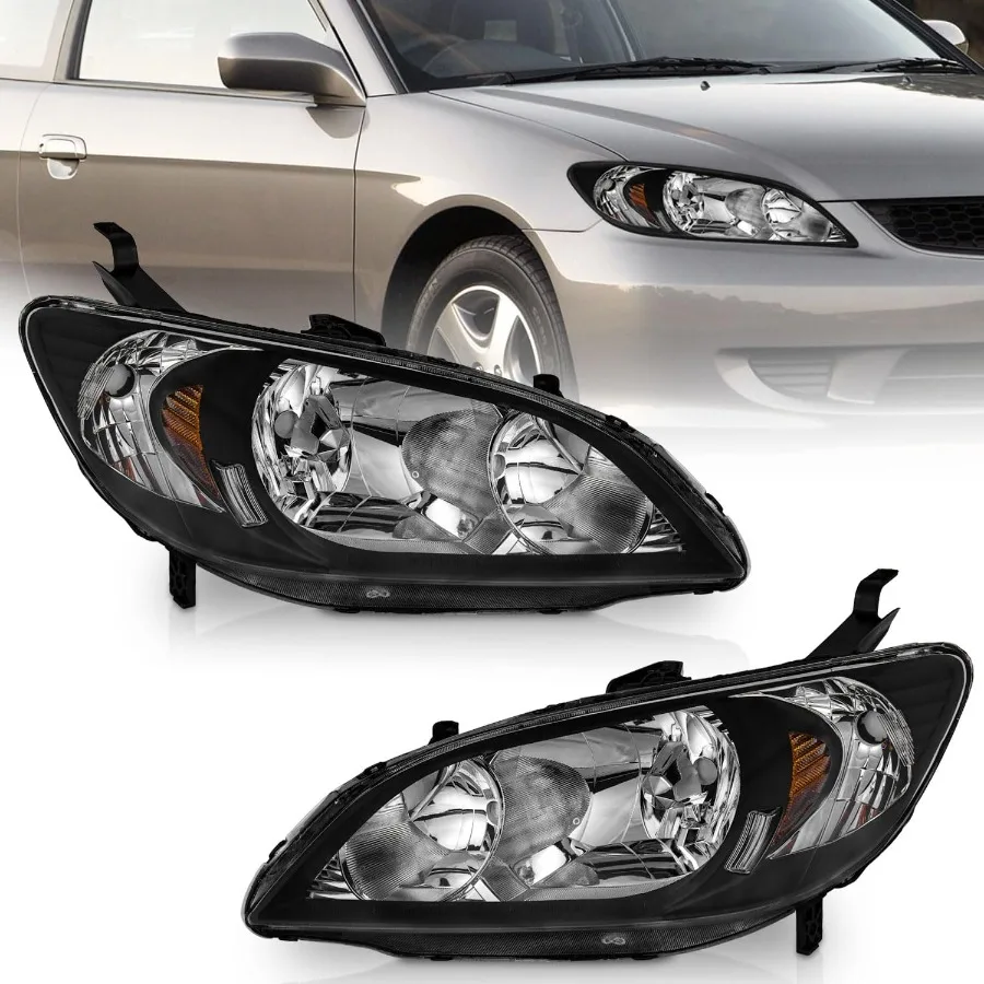 

For 20042005 Honda Civic 2 4 Door Headlights Assembly Replacement Pair Headlamp Replacement with Black Housing and Amber Reflec