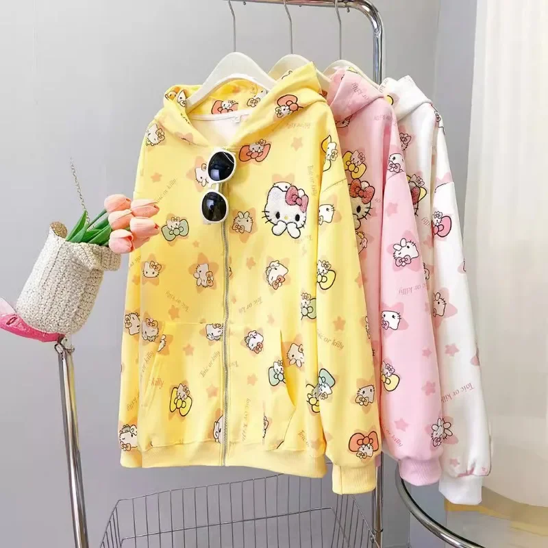 Sanrio Hello Kitty Thickened Cotton Wool Streetwear Women OriginalZip Hoodie Girl Loose Campus Couple Cardigan Coat Y2k Clothes