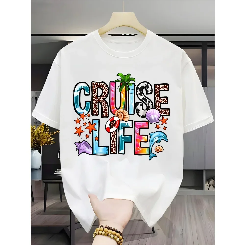 

PAYEAH Men's Heavyweight Cruise T-Shirt - Single-piece Set T-shirt with "Family Cruise Life" Print, Casual Crew Neck Summer Top,