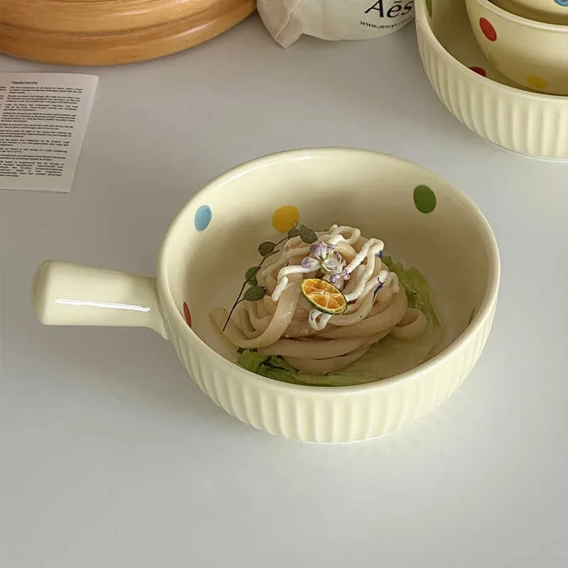 Polka Dot Fruit Salad Bowl With Handle Underglaze Cute Ceramic Bowl Fruit Snack Bowl Noodle Bowls Tableware