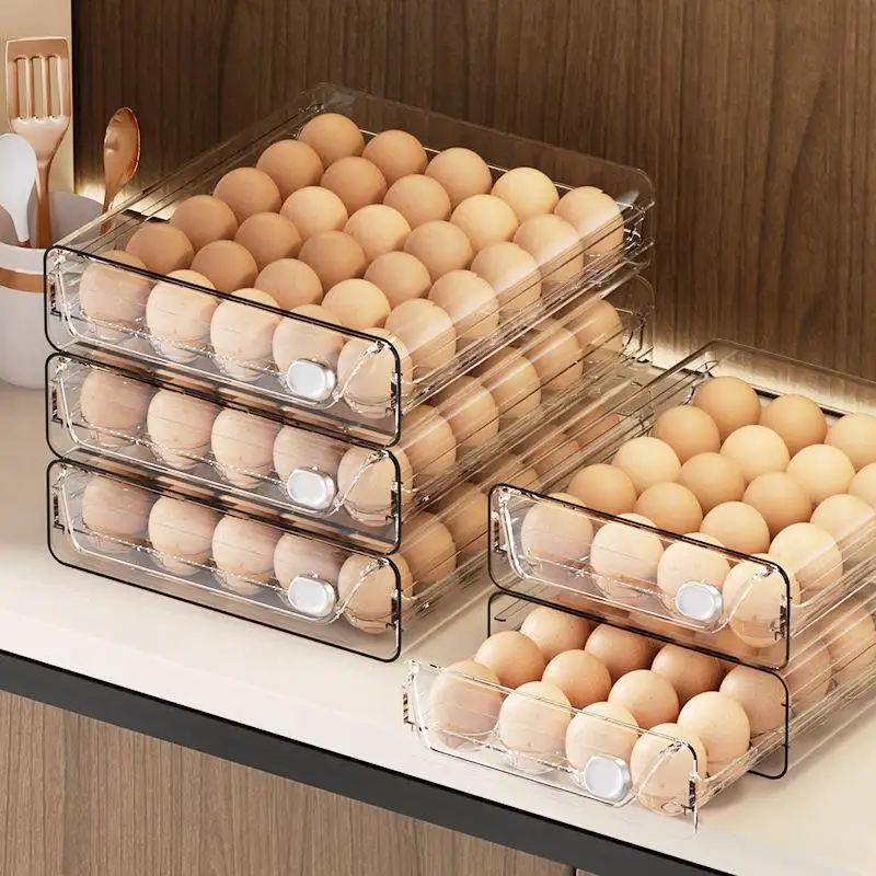 Double-Layer Drawer Style Egg Storage Box Kitchen Fridge Egg Preservation Box Timer Egg Tray Simple Design Home Organization