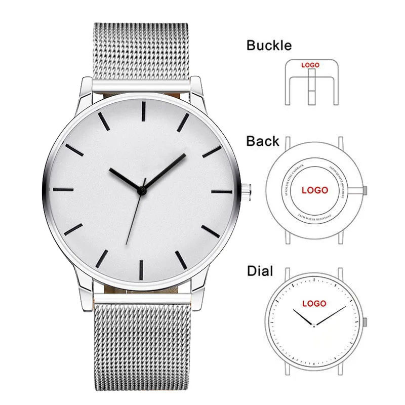 

40mm Big Case Men Simple Silver Stainless Steel Mesh Wristwatch Custom Watch LOGO