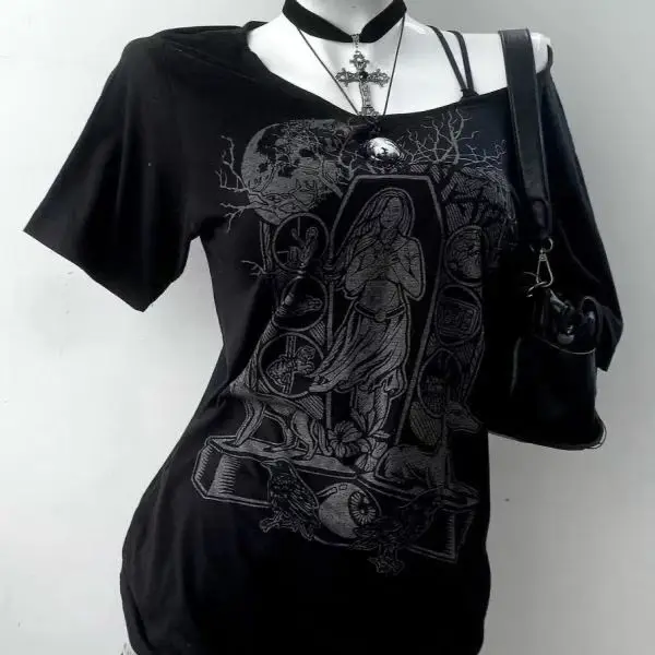 Y2k Waist Cinching Slimming Off Shoulder Patchwork Camisole Short Sleeved Women Summer Black Light Asian Punk Rock Top