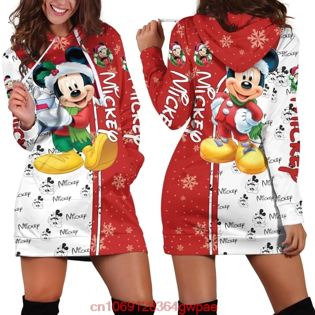 2024 Disney New Mickey Mouse Hoodie Dress Sweater Fashion Disney Dress Sweatshirt Dress 3d Allover Printed Hoodie for Women