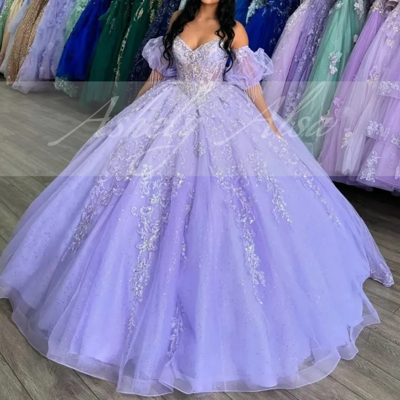 Customized Lilac 15 Year Girl Quinceanera Dress Ball Gown Cap Sleeve Lace Applique Bow Long Women Prom Birthday Party Dress 2025