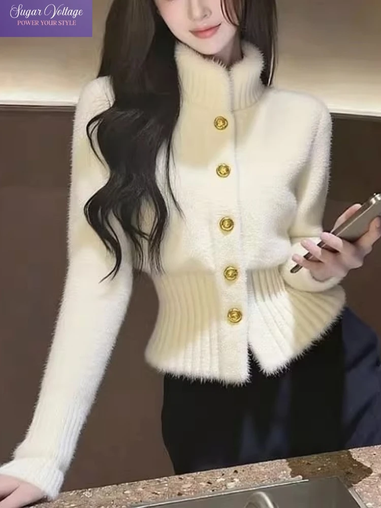Korean Fashion Elegant Knitwear Cardigan Women White Fur Collar Waist Cinching Gold Button Short Sweater Soft Fall Winter Outfit
