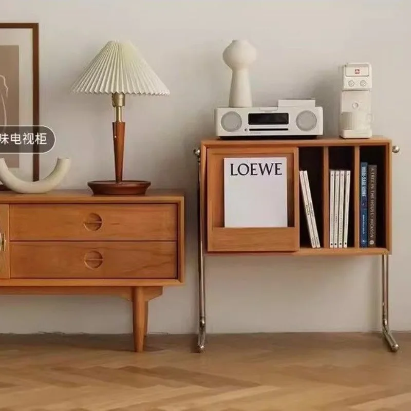 Nordic High-end Light Luxury Solid Wood Bookcase Living Room Sofa Side Simple Home Retro Storage Cabinet