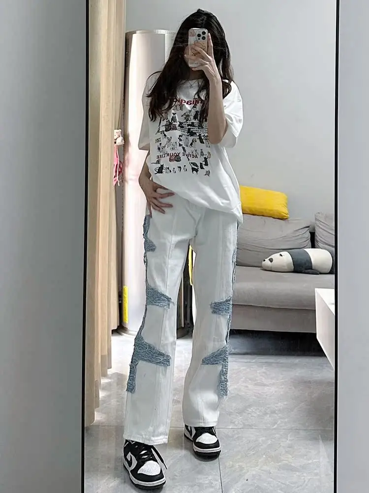 

High Waist Side Patchwork Loose Jeans High Street Straight Leg Jeans for Couples Spring Autumn Trendy Long Pants