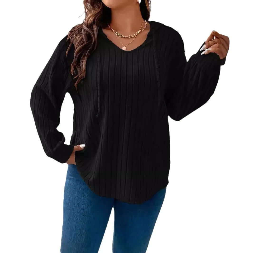 2025 winter new solid color large size women's top V-neck hooded long-sleeved pit strip polished T-shirt loose cw38980