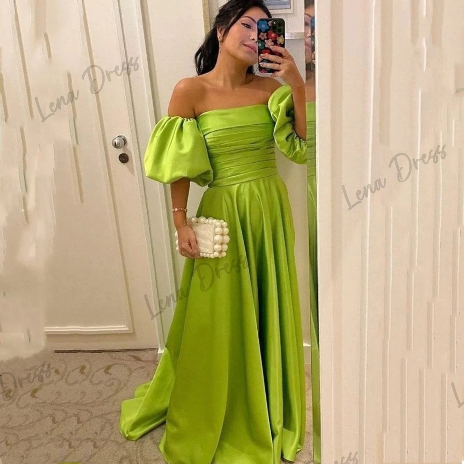 

Lena Off Shoulder Celebrity Dress Long A-line Taffeta Evening Dress Sleeved Celebrity Robe