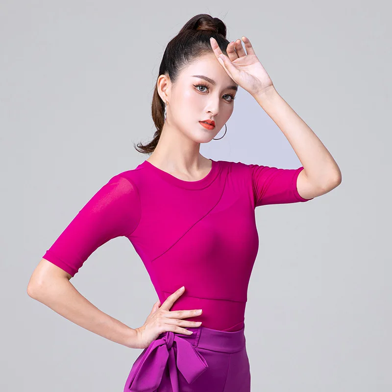 2024 New Women Latin Dance One-piece Crotch Top Female Summer Mesh Middle Sleeves Transparent Ballroom Clothing Dancewear