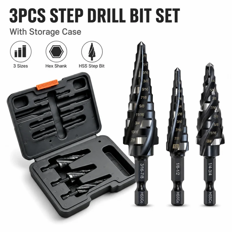 3Pcs Inch Size Step Drill Bits Set with Storage Case High Hardness Cone Drill Bit for Metalworking DIY Project