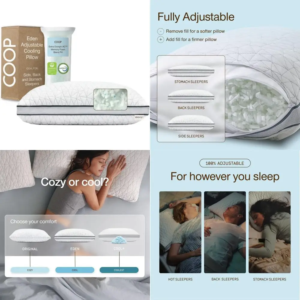 

Coop Home Goods Eden Pillow - Queen Size, Suitable for Back, Stomach, and Side Sleepers, Medium Soft Memory Foam with Cooling Ge