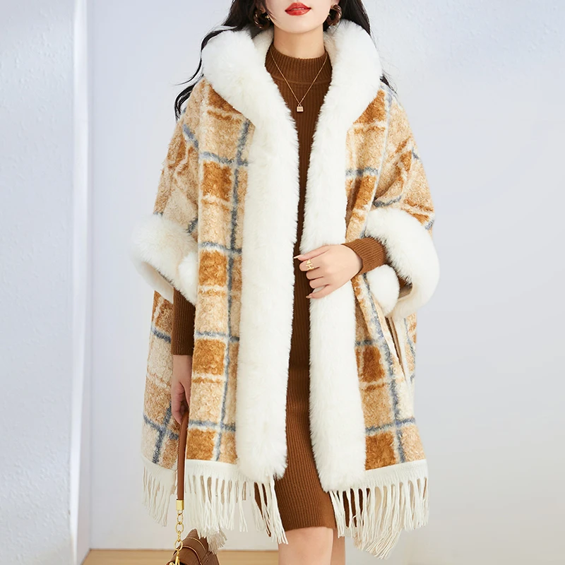 

Women Faux Fur Hooded Collar Ponchos Coat Elegant Casual Plaid Shawl Cloak Woolen Coat Oversize Batwing Sleeve Tassel Korean