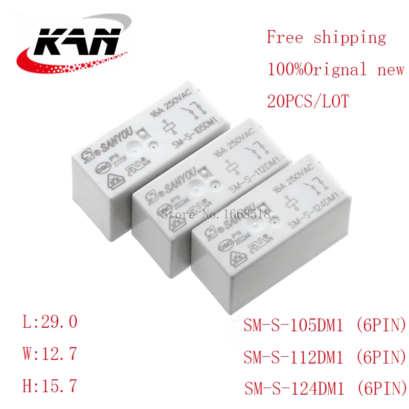 

Free shipping 20pcs relay SM-S-105DM1 SM-S-112DM1 SM-S-124DM1 5VDC 12VDC 24VDC 16A 250VAC 6PIN Original New