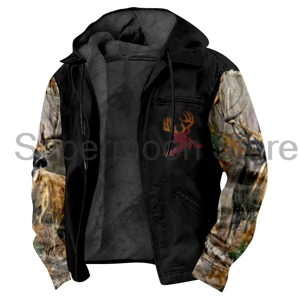 Camouflage Elk Print Deer Hunting Zipper Hoodies Long Sleeve Streetwear Women Men Jacket Parkas Unisex Winter Coat