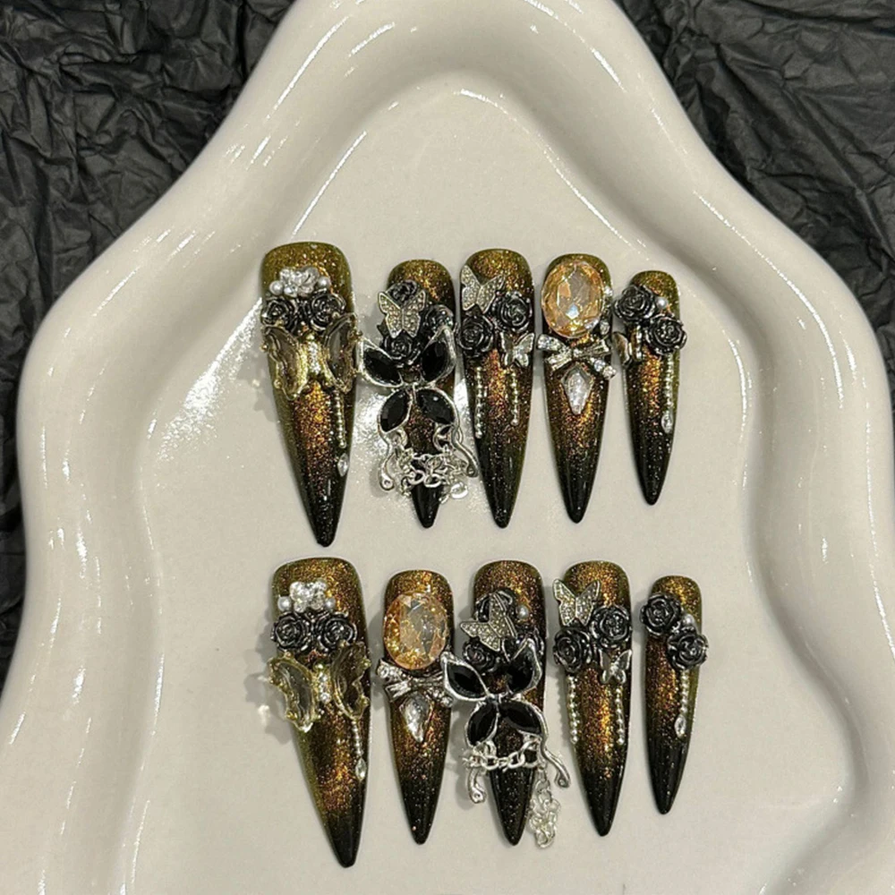 

10pcs Handmade Long Stiletto Y2k False Nails Press On Butterfly Chain Decor Metallic Style Black Golden Full Cover Fake Nails