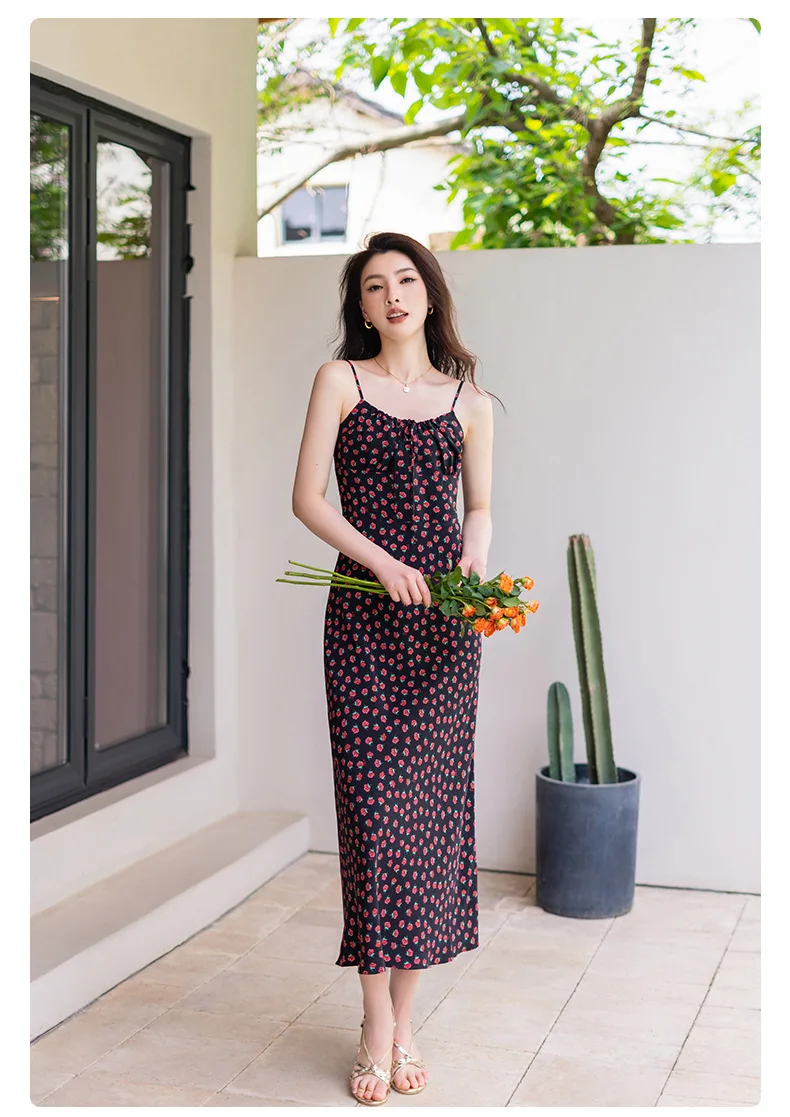 French Retro Natural Silk Slip Dresses Women Sexy Summer Camisole Dress Female Classic Printed Slim Silk Summer Chic Dresses