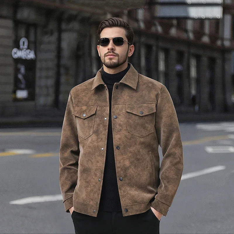 

Mens Jackets Suede Lapel Single Breasted Long Sleeve Outerwear Spring Autumn Streetwear Mens Coats Cardigan Jacket Bomber Jacket