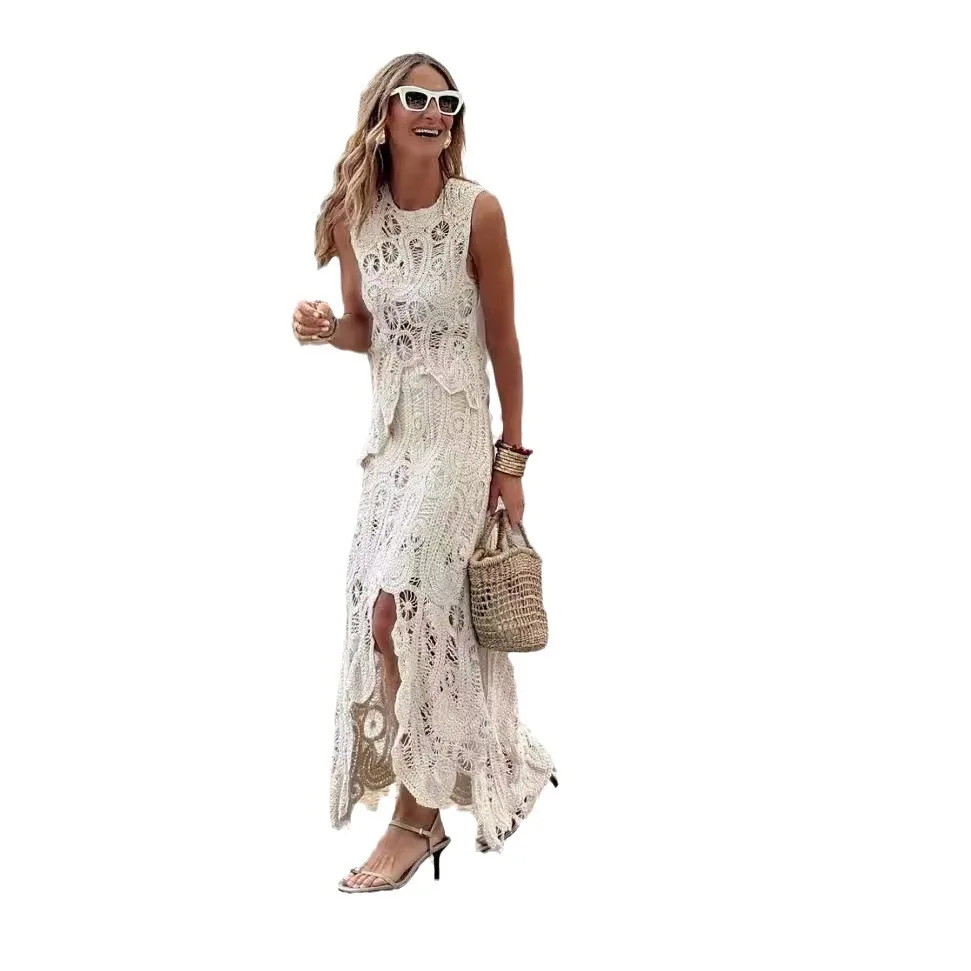 2026 European and American New Style Hollow Lace Irregular Vest Top and Skirt Suit