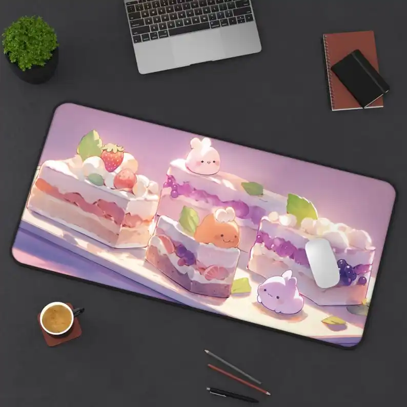 سجادة طاولة بنمط كعكة المعجنات الأرجوانية اللطيفة، لوحة ماوس للألعاب مع تصميم طعام الرسوم المتحركة، سجادة مكتب فتاة حلوة مقاس XXL، هدية مثالية