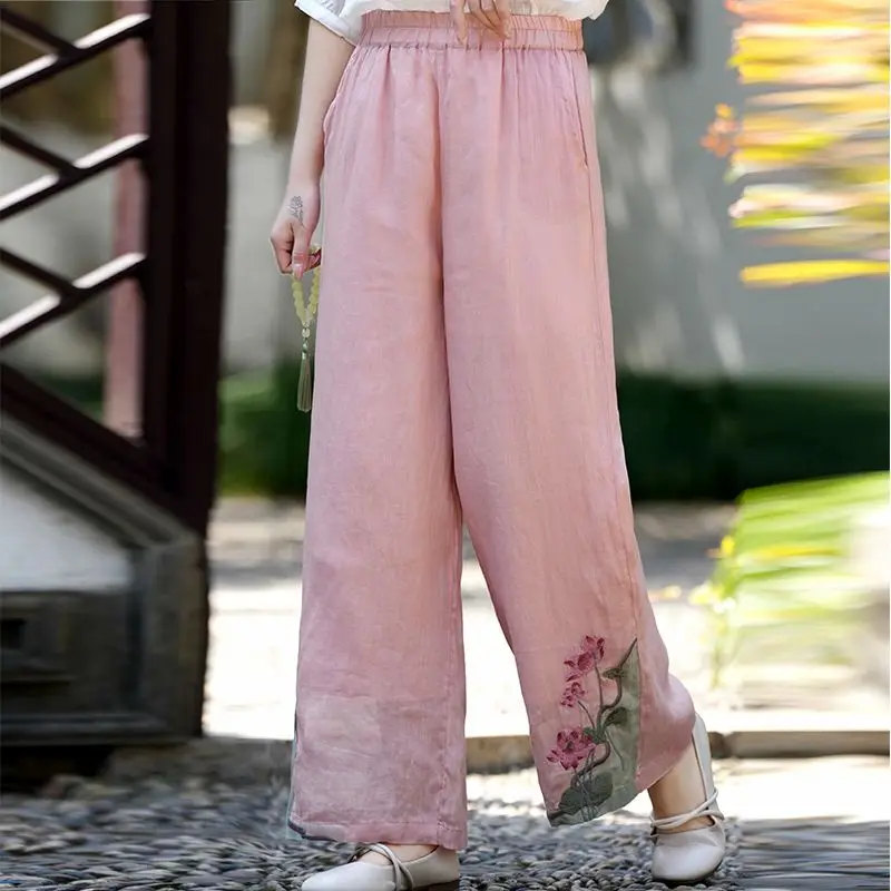 2026 New Chinese Fashion Summer Women's Elastic Waist Embroidered Wide Leg Trousers Loose Bohemian