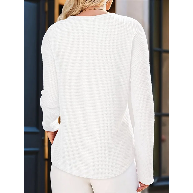 

CGS-Womens Tops Waffle Knit Long Sleeve Notched V Neck Shirts Casual Trendy Solid Color Loose Blouses