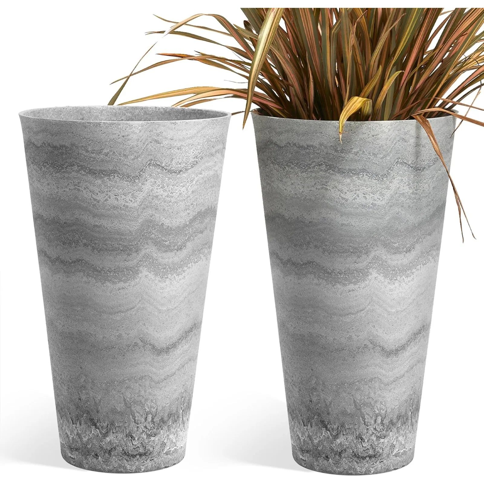 

US Garden 2-Pack Grey Matte Texture Round Tapered Planter - 24.5" H. Tall Plastic Plant Pots with Drain Hole for Indoor