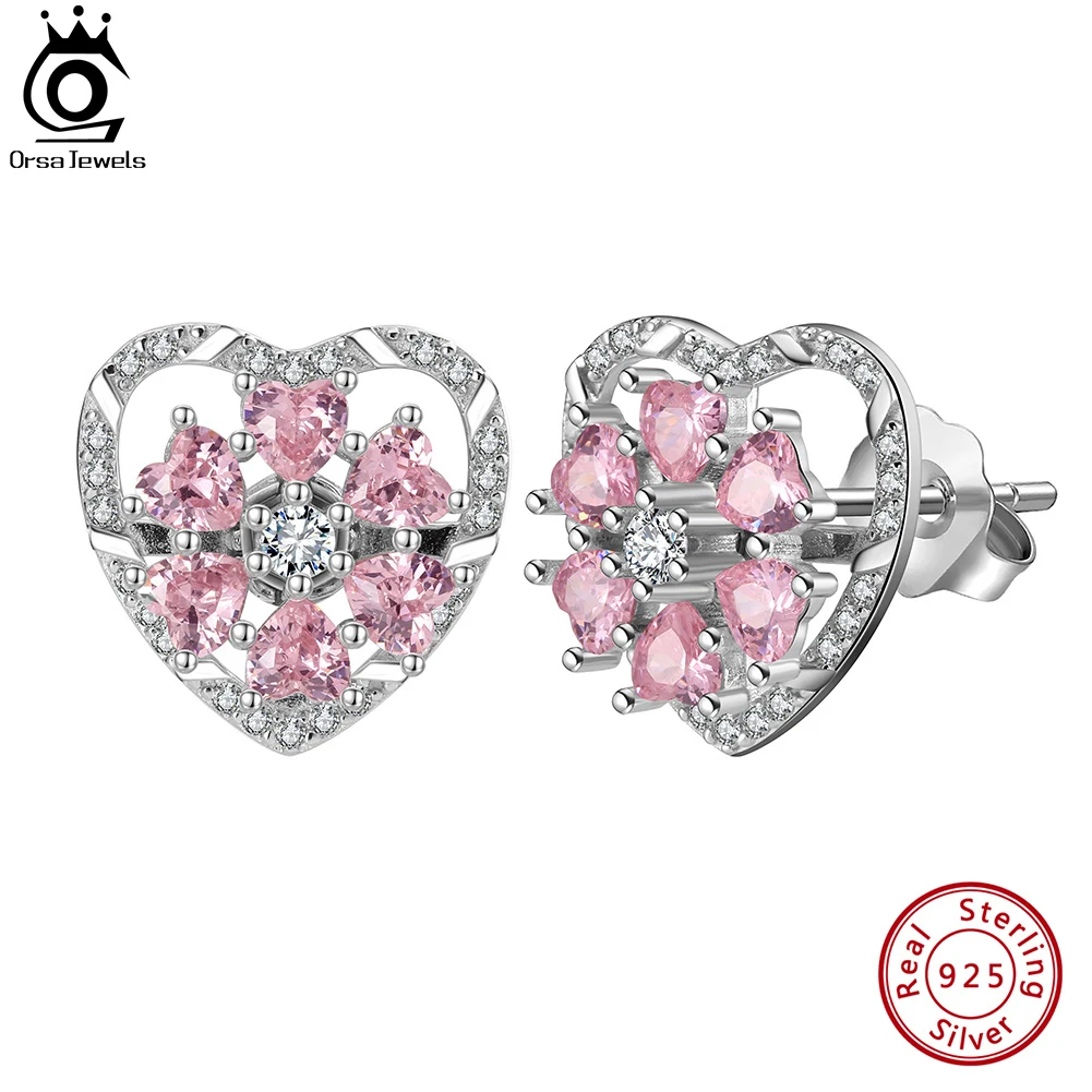 

ORSA JEWELS Fashion 925 Sterling Silver Rotatable Heart & Flower Earrings for Women Pink 4A Zircon Stud Earrings Jewelry LME02